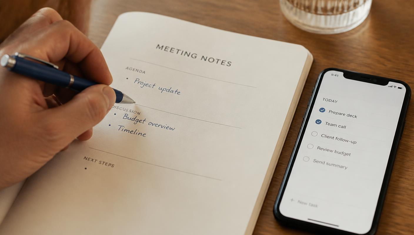 A hand writing meeting notes on a printed page next to a phone
